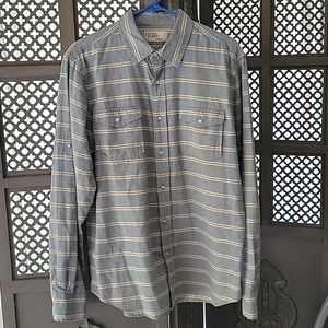 Free planet button up shirt, blue chambray cream stripes, size L